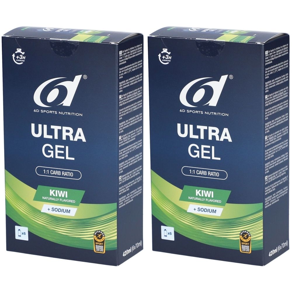 Twee dozen 6D SPORTS NUTRITION Ultra Gel Kiwi. Blauwe verpakking met witte tekst. Bevat kiwi en natrium. Logo en certificering zichtbaar.