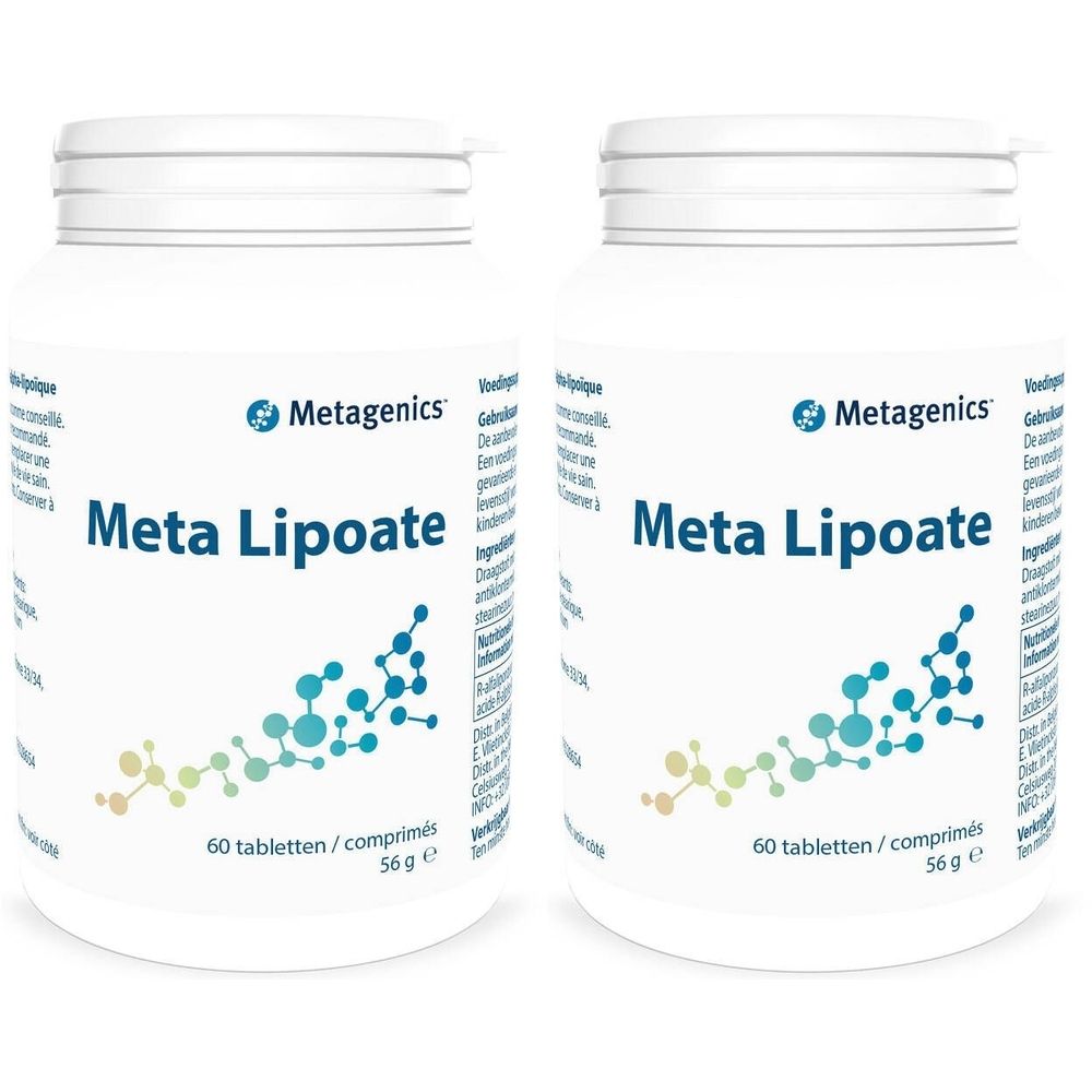 Twee witte flessen "Meta Lipoate" met Metagenics logo. Elke fles bevat 60 tabletten.