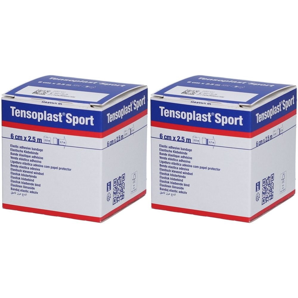 Twee dozen Tensoplast Sport. Opschrift: 6 cm x 2,5 m. Wit, blauw en rood. QR-code en productnamen in meerdere talen.