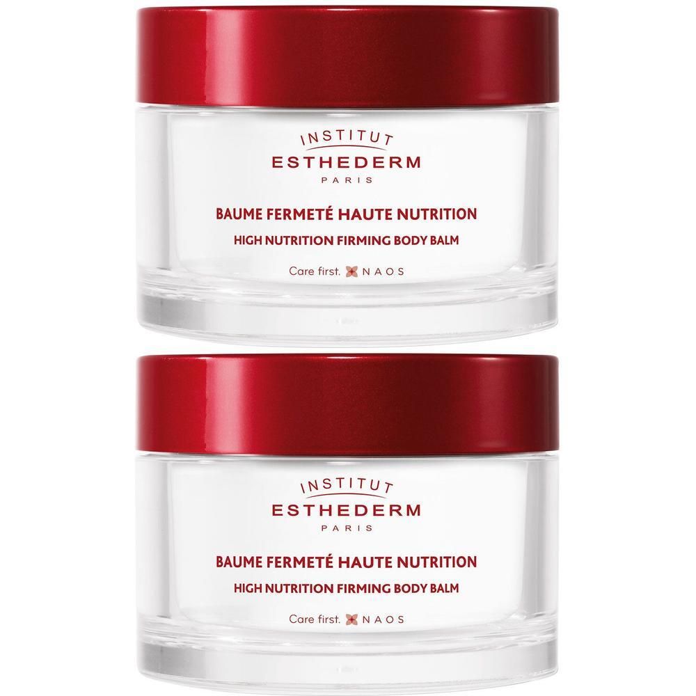 Twee potten INSTITUT ESTHEDERM Straffende Balsem. Witte potten met bordeauxrode deksels. Opschrift: Baume Fermeté Haute Nutrition.