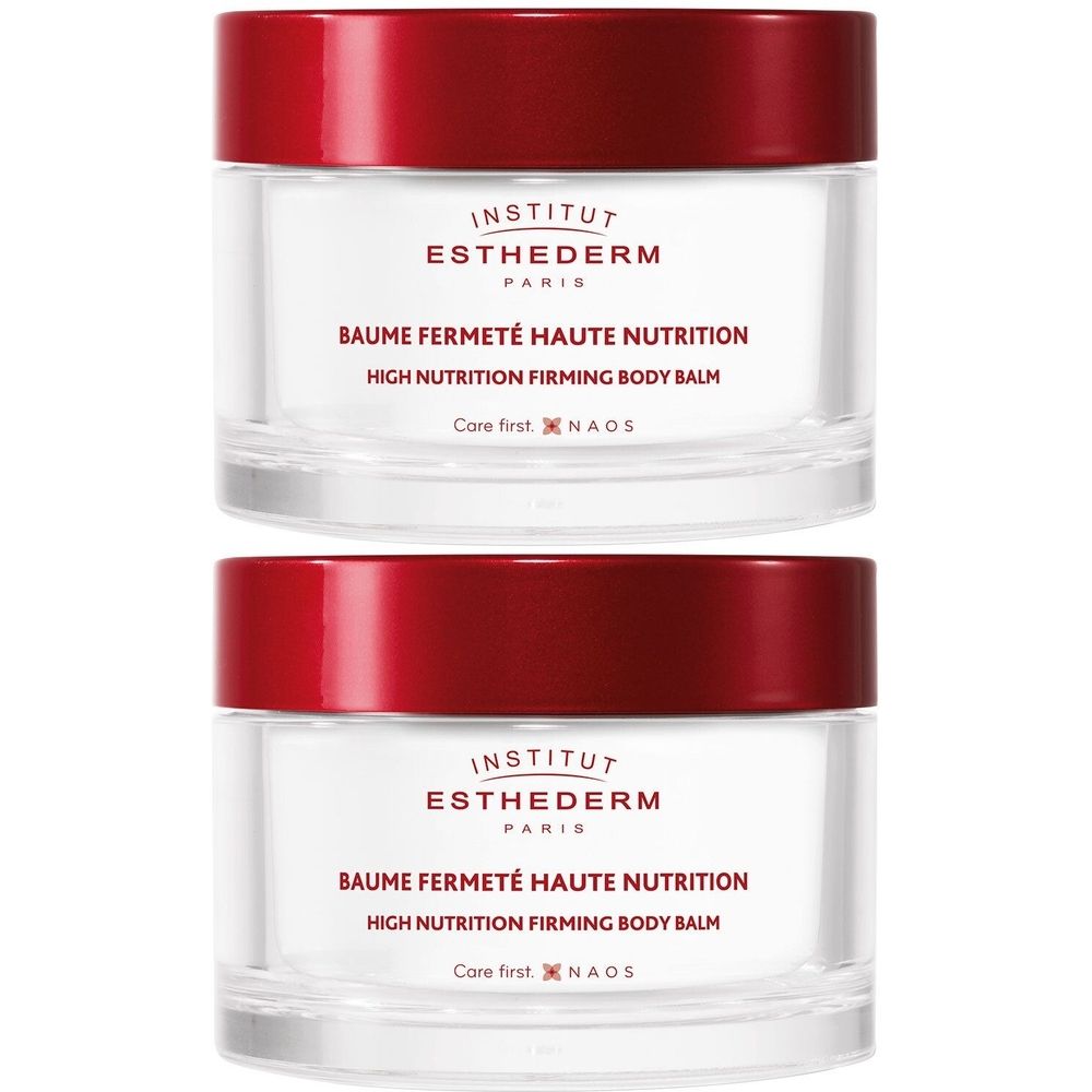 Twee potten INSTITUT ESTHEDERM Straffende Balsem. Witte potten met bordeauxrode deksels. Opschrift: Baume Fermeté Haute Nutrition.