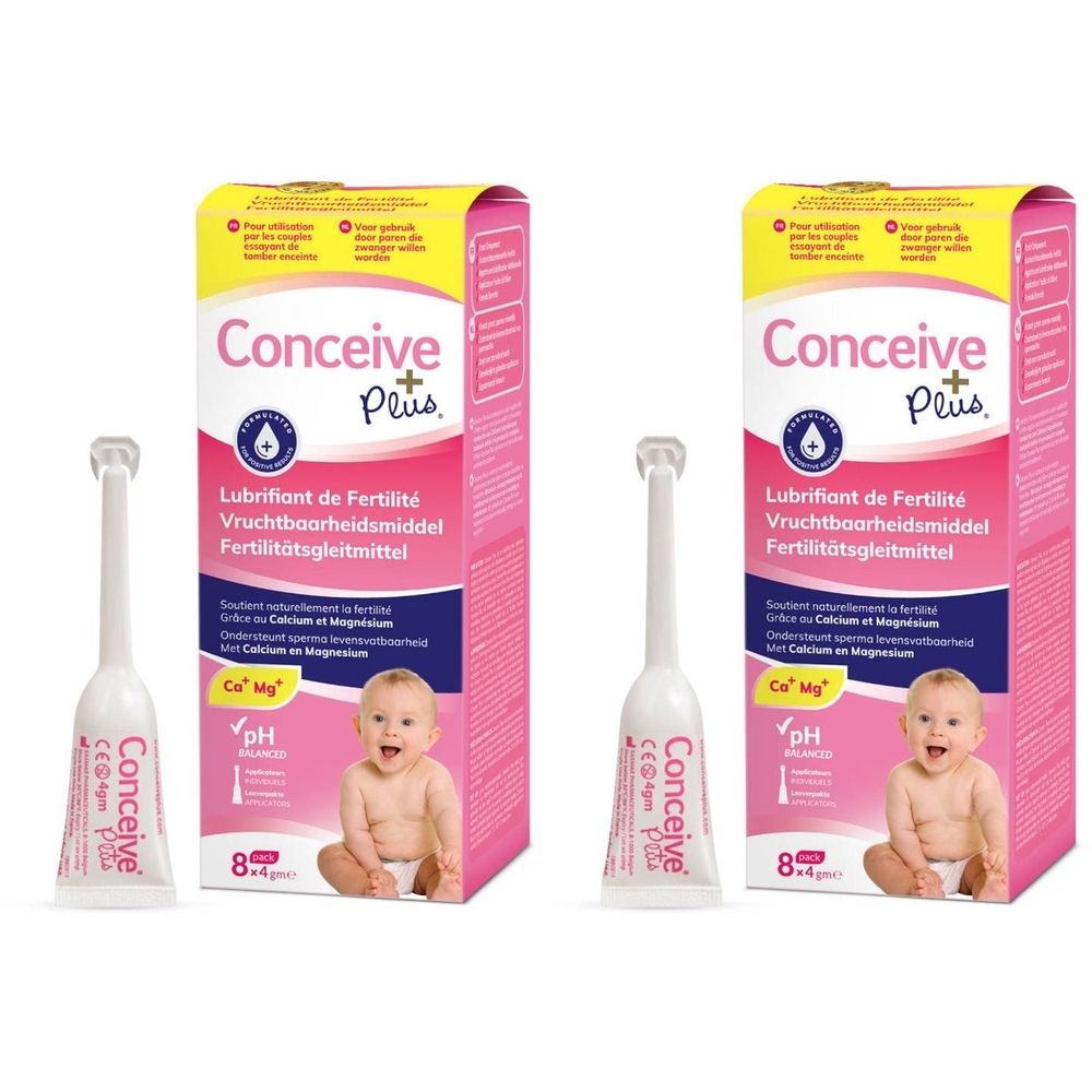 Twee dozen Conceive Plus, roze verpakking met babyfoto. Bevat applicators.
