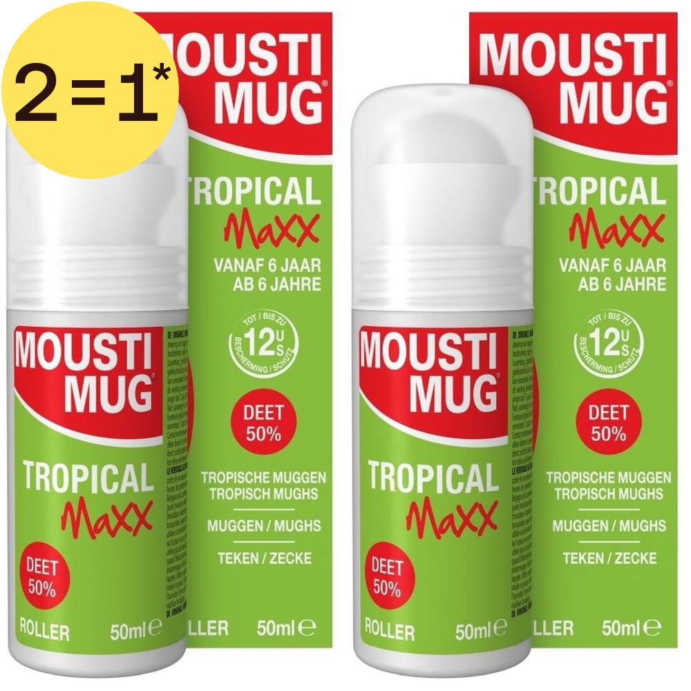 Twee Mousti Mug Tropical Maxx Roller (50% DEET) voor kinderen vanaf 6 jaar.