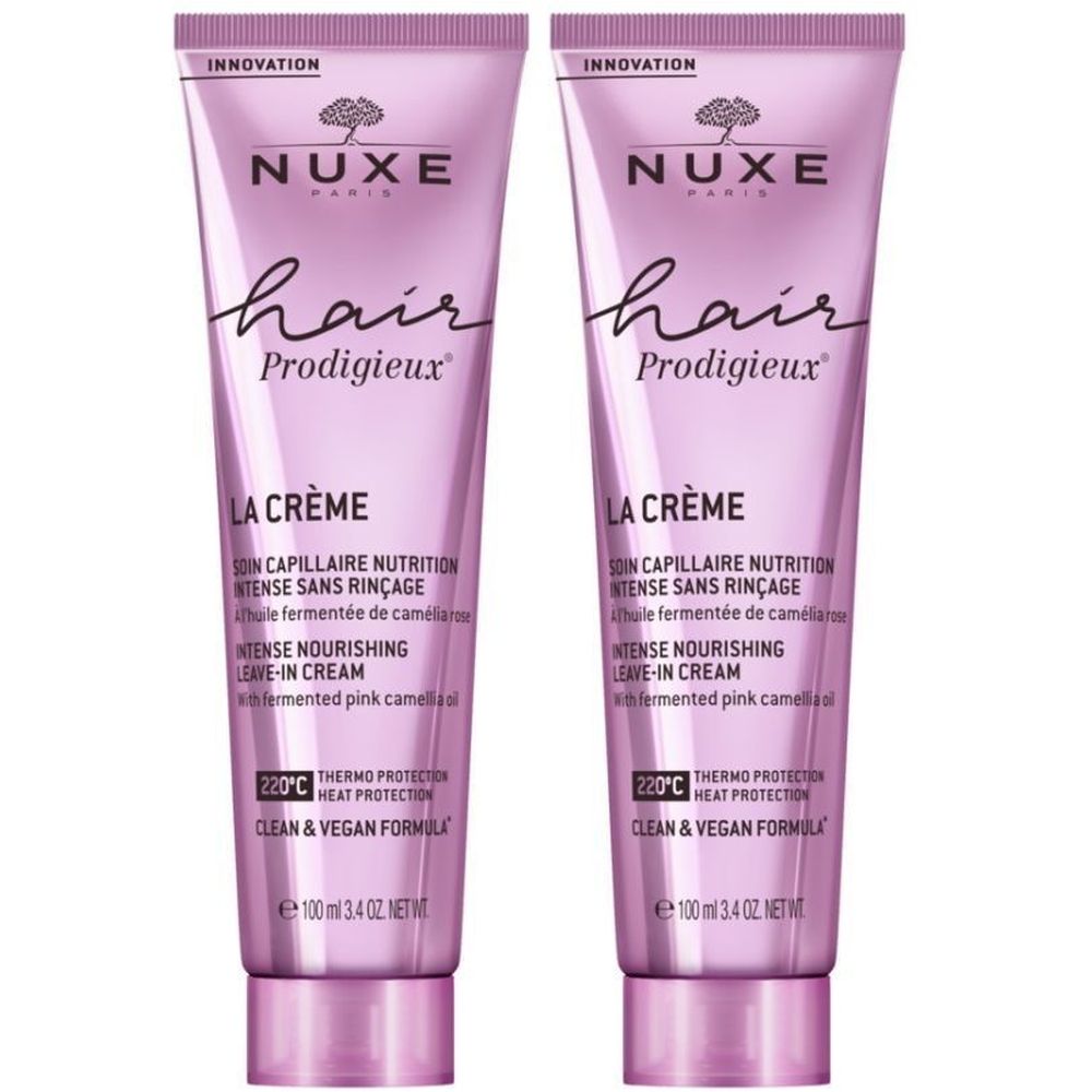 Deux tubes de Nuxe Hair Prodigieux La Crème. Tubes roses avec texte blanc. Nom du produit et détails.