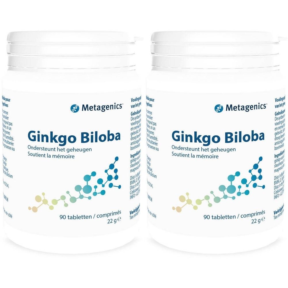 Twee witte potten met Ginkgo Biloba. Opschrift: Metagenics, Ginkgo Biloba, 90 tabletten, 22g. Ondersteunt het geheugen.