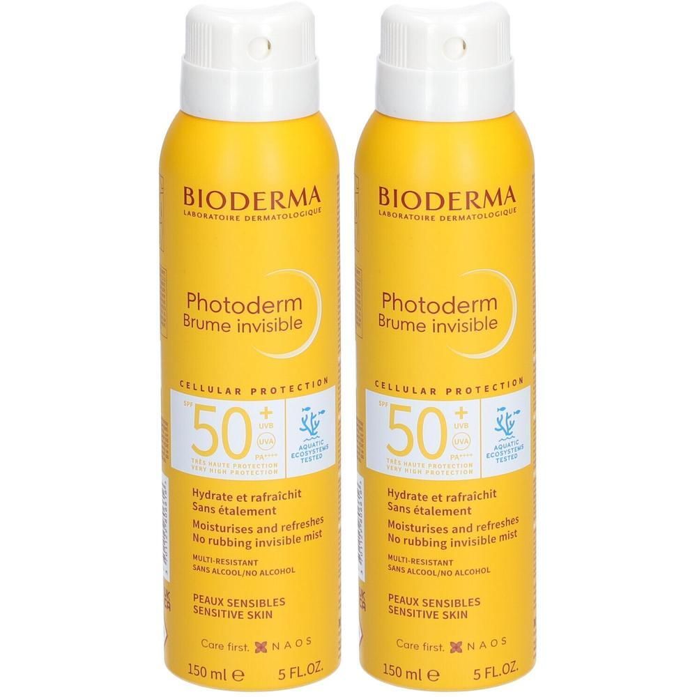 Twee gele sprays met witte dop. Opschrift: Bioderma Photoderm Brume invisible SPF50+. 150 ml.