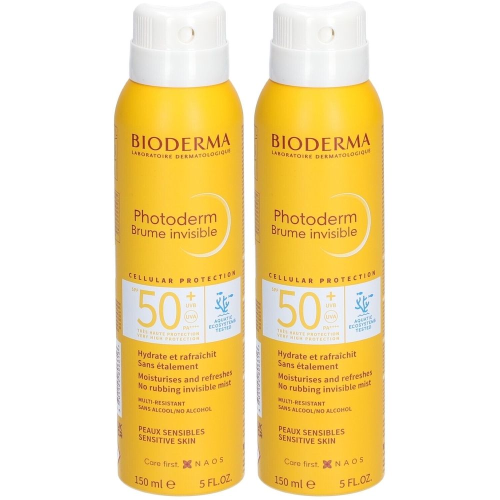 Deux sprays jaunes avec bouchon blanc. Inscription: Bioderma Photoderm Brume invisible SPF50+. 150 ml.