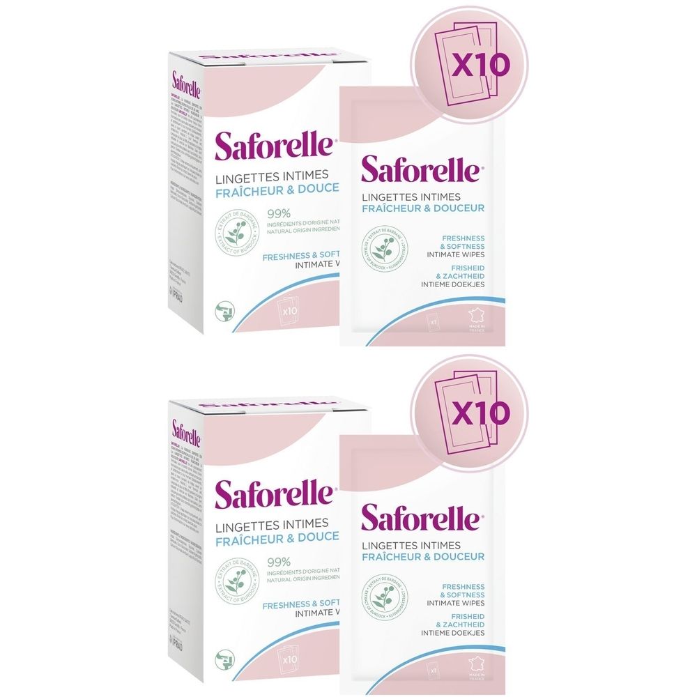 Twee dozen en twee individuele verpakkingen van Saforelle intieme doekjes. Verpakkingen met 'X10'.
