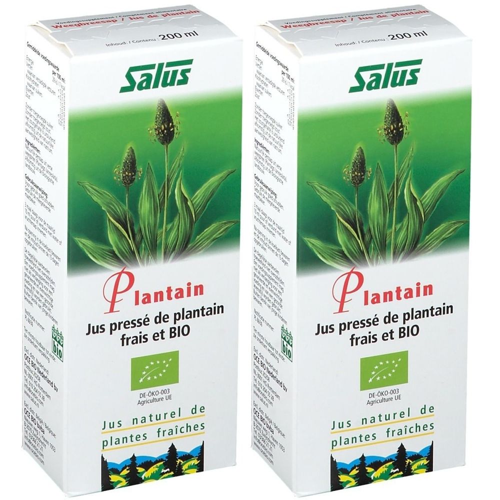 Twee dozen Salus Plantain-sap. Opschriften: Plantain, Jus pressé de plantain frais et BIO, Jus naturel de plantes fraîches.