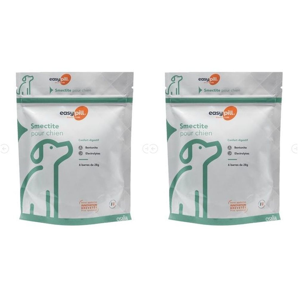 Deux sachets de produit pour chiens. Inscription: Smectite pour chien, easy pill. Contient bentonite et électrolytes.