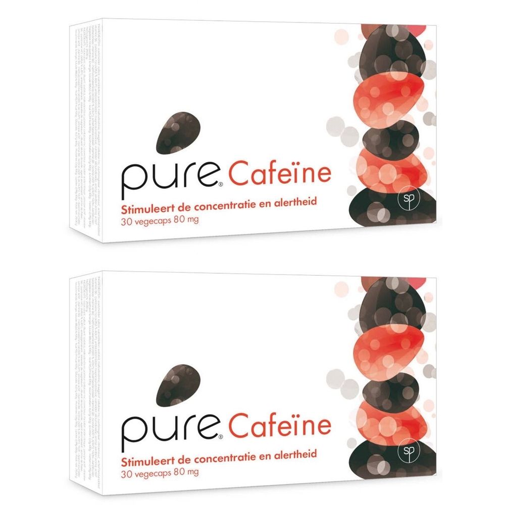 Twee witte dozen met "pure. Cafeïne" logo en tekst. Illustratie van koffiebonen en rode vormen. Tekst: "Stimuleert de concentratie en alertheid". 