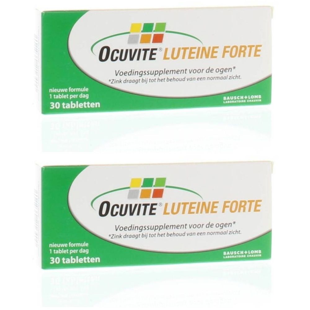 Twee dozen Ocuvite Lutéine Forte. Groen-witte verpakking. Opschrift: 30 tabletten, nieuwe formule. Merk en logo zichtbaar.