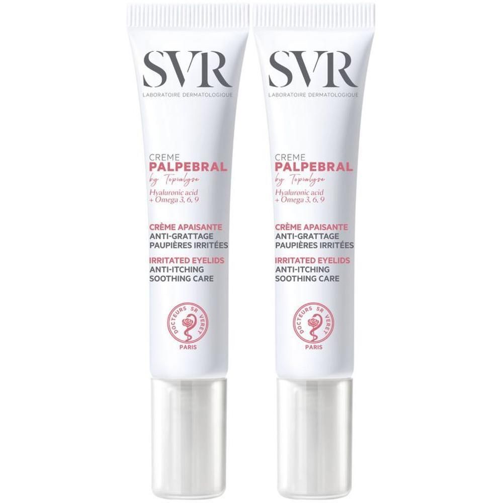 Twee tubes oogcrème, wit met roze tekst. Merk SVR, productnaam CREME PALPEBRAL. Tekst: Anti-jeuk, geïrriteerde oogleden.