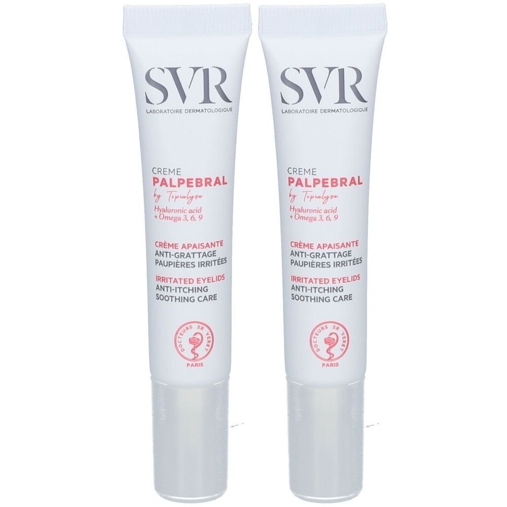Deux tubes de crème pour les yeux, blancs avec texte rose. Marque SVR, nom du produit CREME PALPEBRAL. Texte: Anti-démangeaisons, paupières irritées.