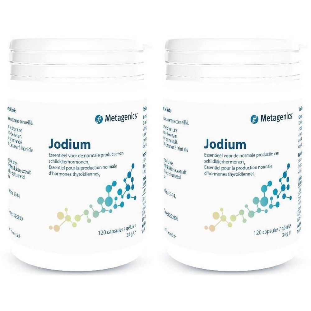 Twee witte potten met "Jodium" van Metagenics. Tekst: Essentieel voor de normale productie van schildklierhormonen. 120 capsules.