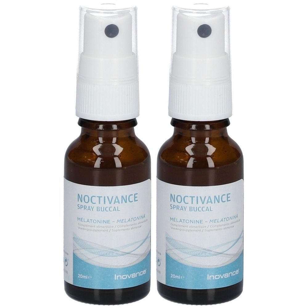 Twee sprayflacons met witte sproeikop en bruine glazen fles. Opschrift: Noctivance Spray buccal, Inovance.