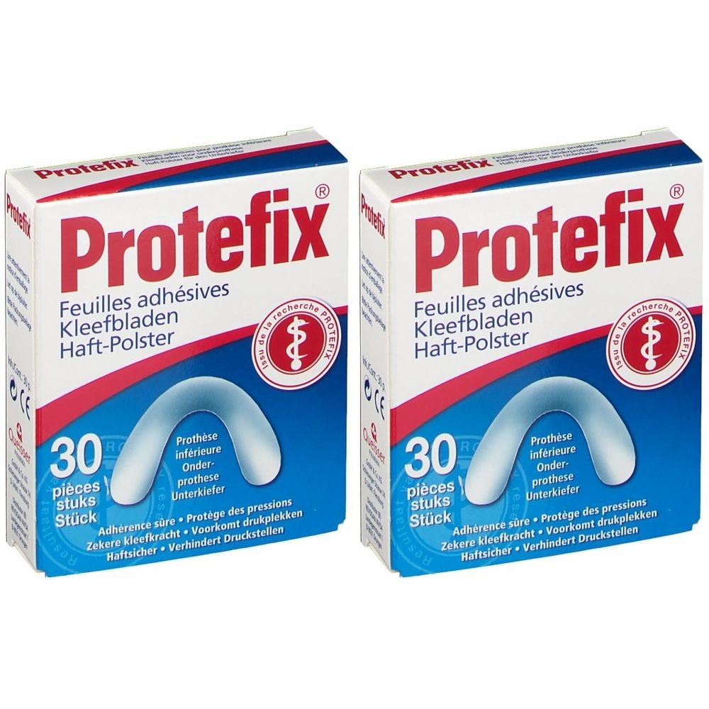 Twee dozen Protefix Kleefbladen. Opschrift: Protefix, 30 stuks. Blauwe, halve cirkel vorm.