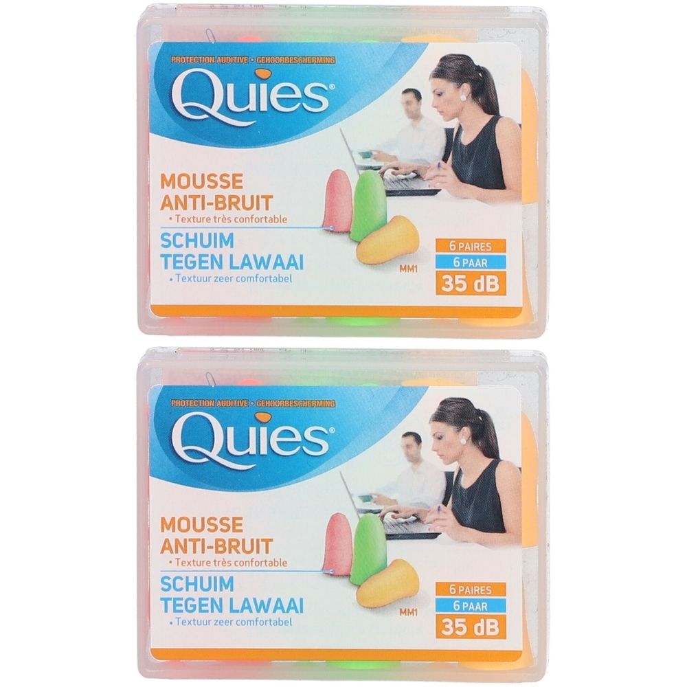 Twee verpakkingen oorbescherming. Elke verpakking bevat zes paar. Opschrift: Quies, Mousse Anti-Bruit, 35 dB.