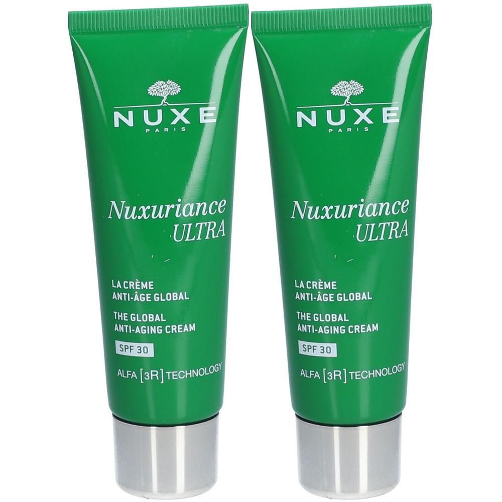 Twee groene tubes met witte tekst. Opschrift: Nuxe, Nuxuriance Ultra, anti-aging crème, SPF 30.