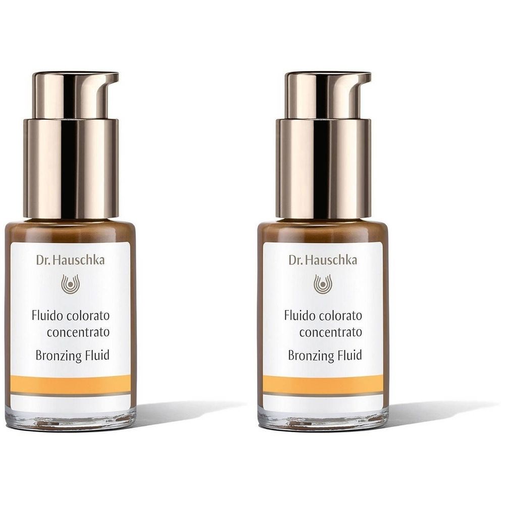Twee flacons met bruiningsvloeistof. Opschrift: Dr. Hauschka, Fluido colorato concentrato, Bronzing Fluid.