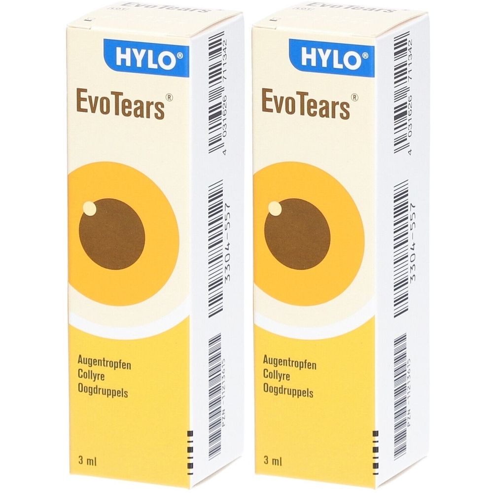 Deux boîtes de gouttes oculaires. Inscription: HYLO EvoTears. Design jaune et blanc avec illustration d'œil. 3 ml.