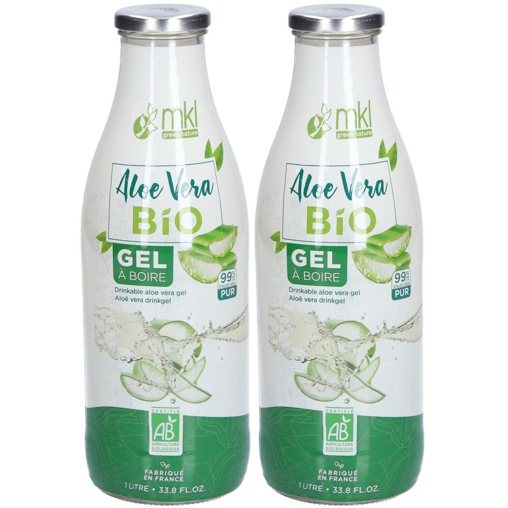 Deux bouteilles de gel d'aloe vera bio. Inscription: Aloe Vera Bio, Gel à boire, 99% pur. Label AB. 1 litre.