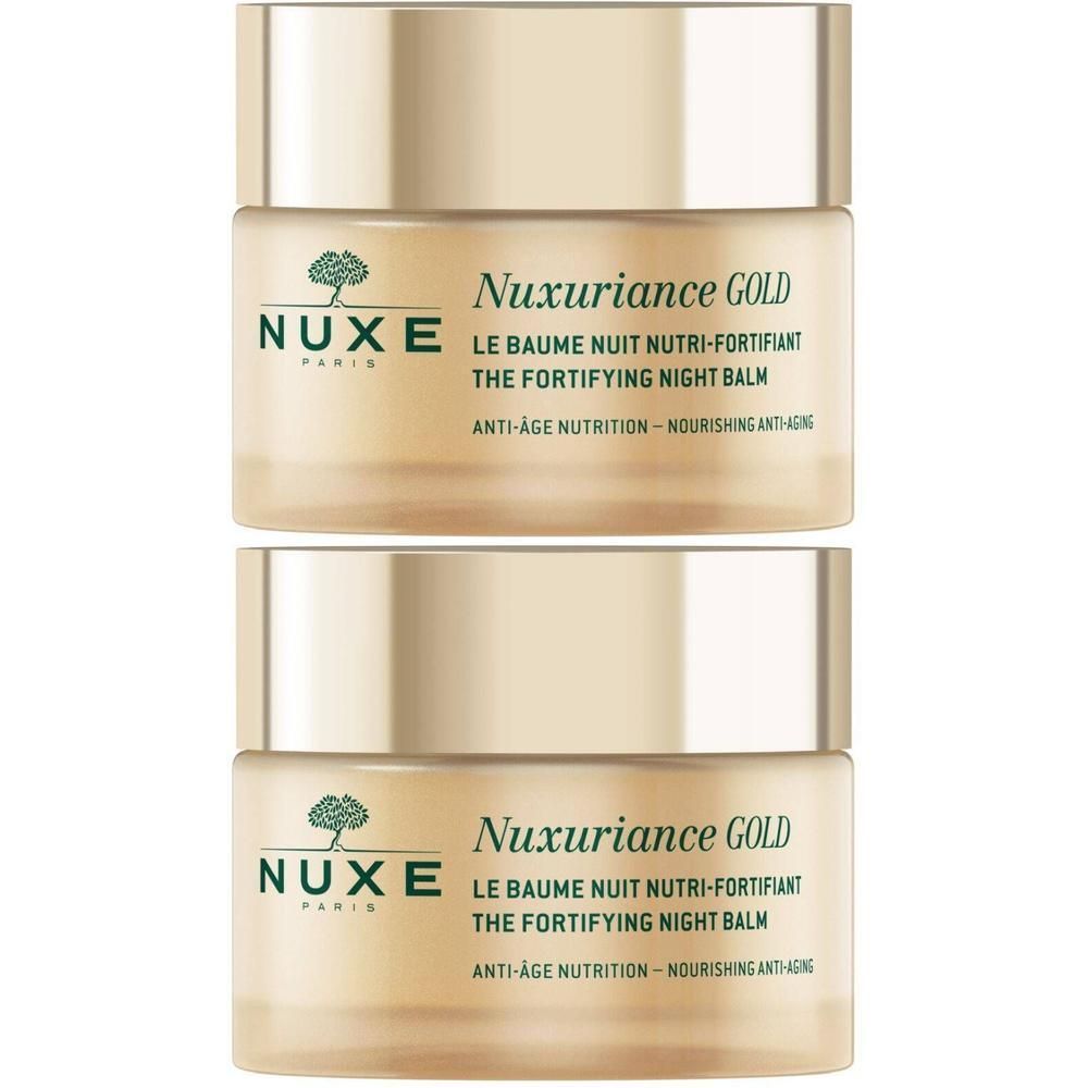 Deux pots dorés avec couvercles. Inscription: Nuxe, Nuxuriance Gold, Le Baume nuit nutri-fortifiant, The Fortifying Night Balm.