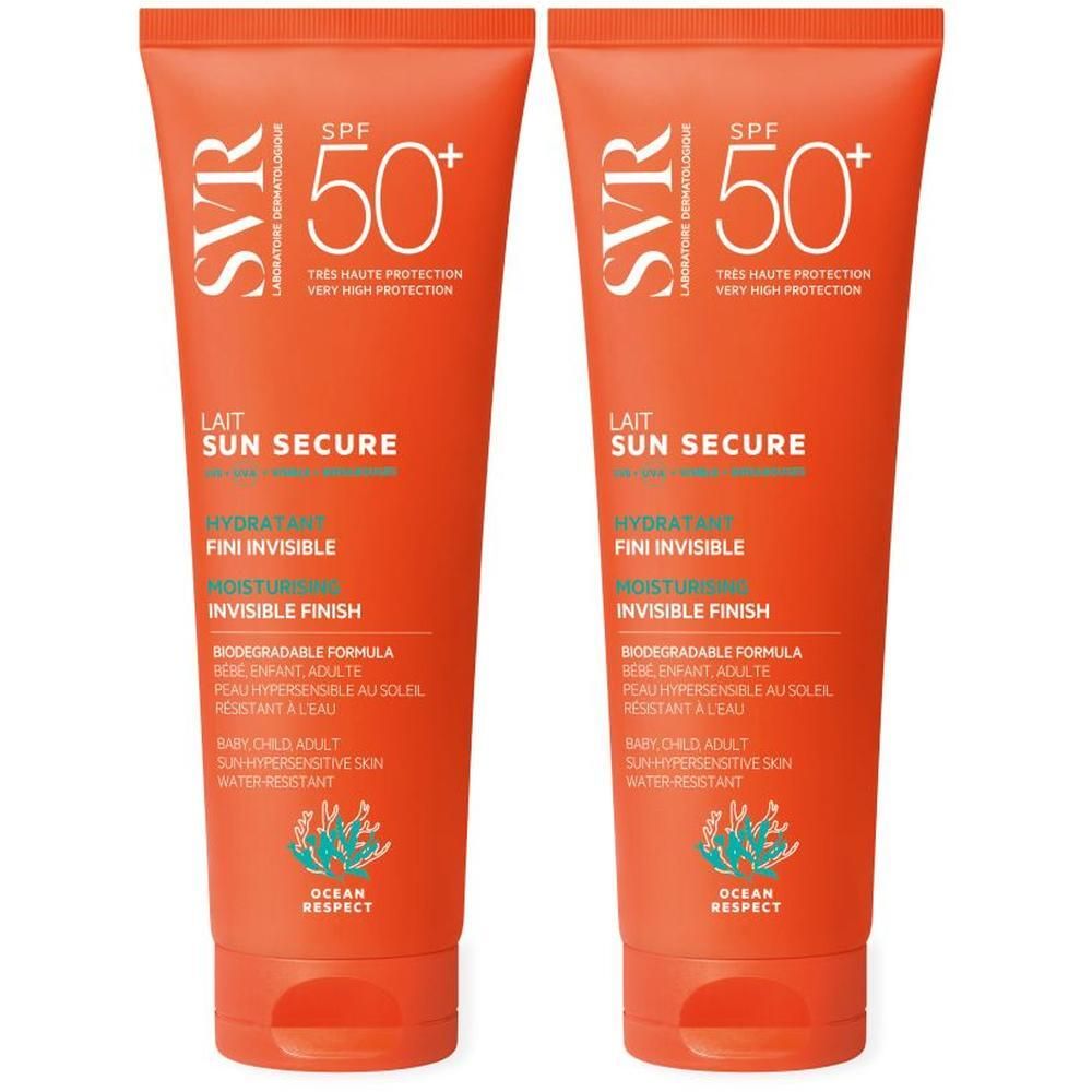 Twee tubes SVR SUN SECRUE Melk SPF 50+. Oranje verpakking met witte tekst. Tekst: Lait Sun Secure, Fini Invisible, Moisturising.