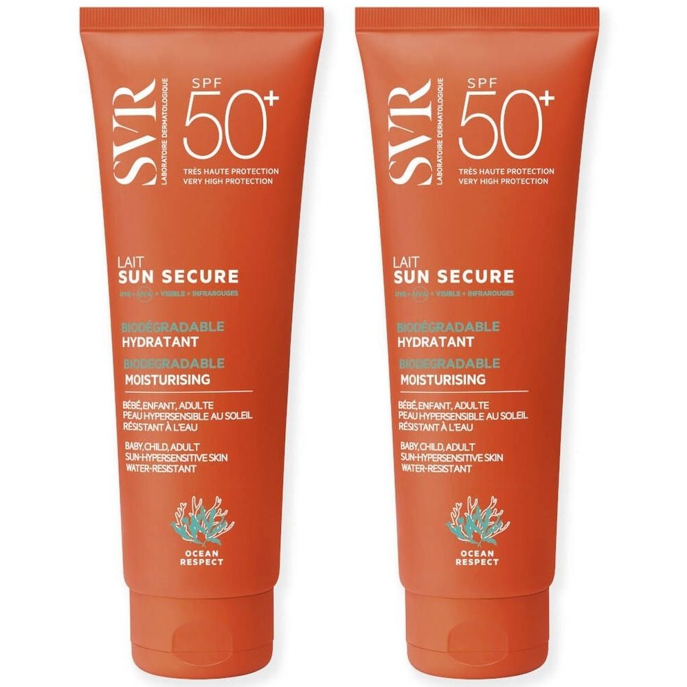 Twee tubes SVR SUN SECRUE Melk SPF 50+. Oranje verpakking met witte tekst. Tekst: Lait Sun Secure, Hydratant, Moisturising.