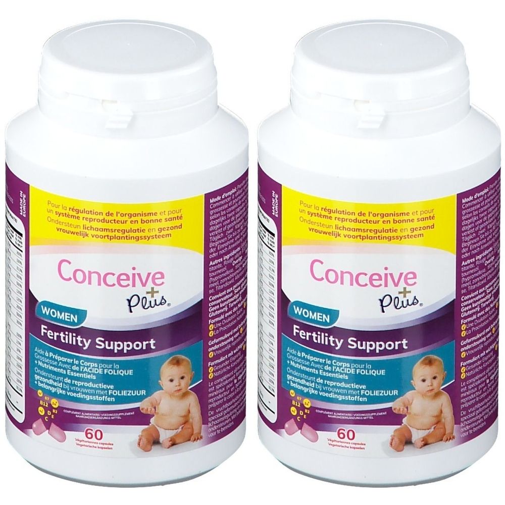 Twee witte flessen met "Conceive Plus Women Fertility Support". Elke fles toont een afbeelding van een baby.