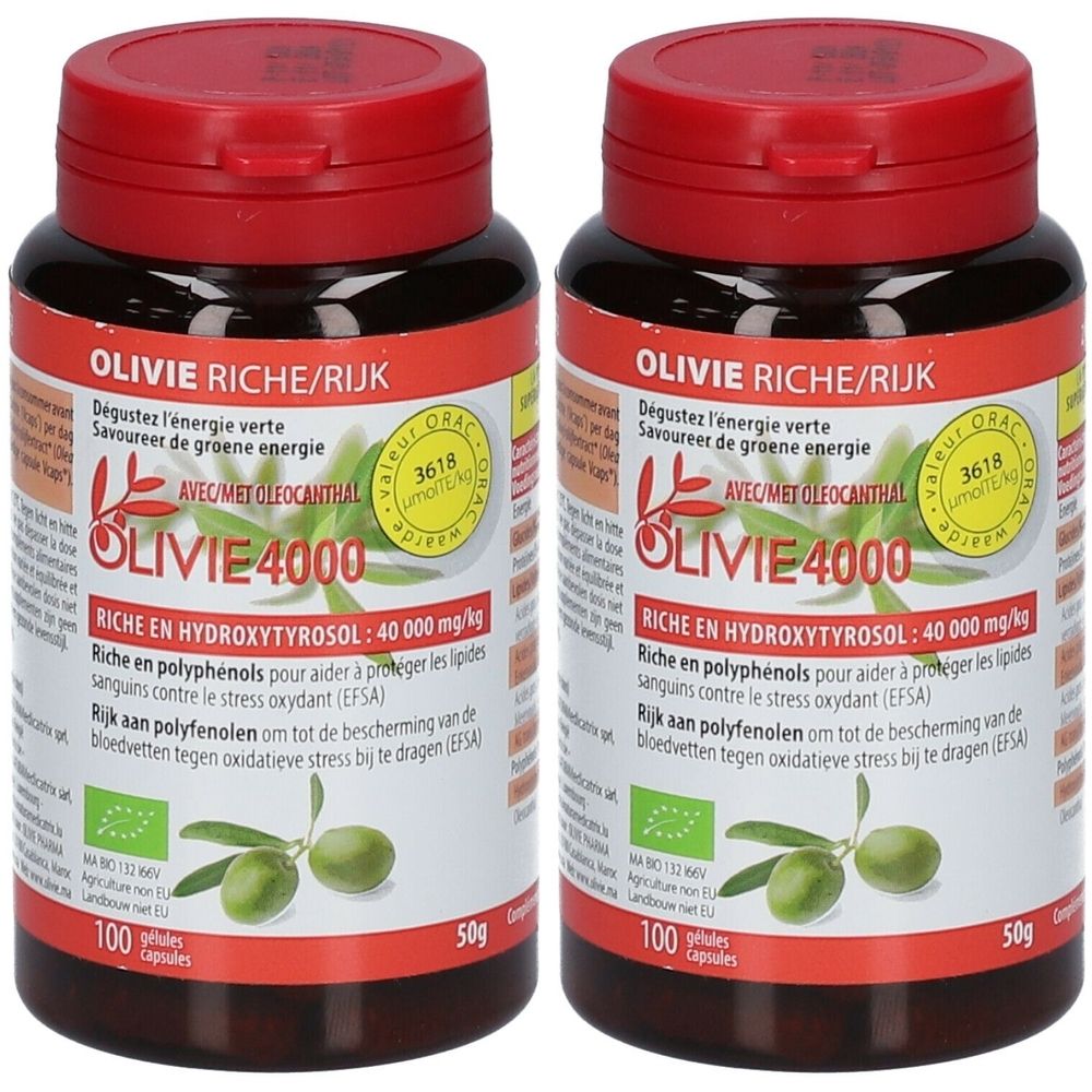 Deux flacons Olivie 4000. Bouchons rouges, flacons noirs. Étiquettes avec texte et logo. 100 gélules, 50g.