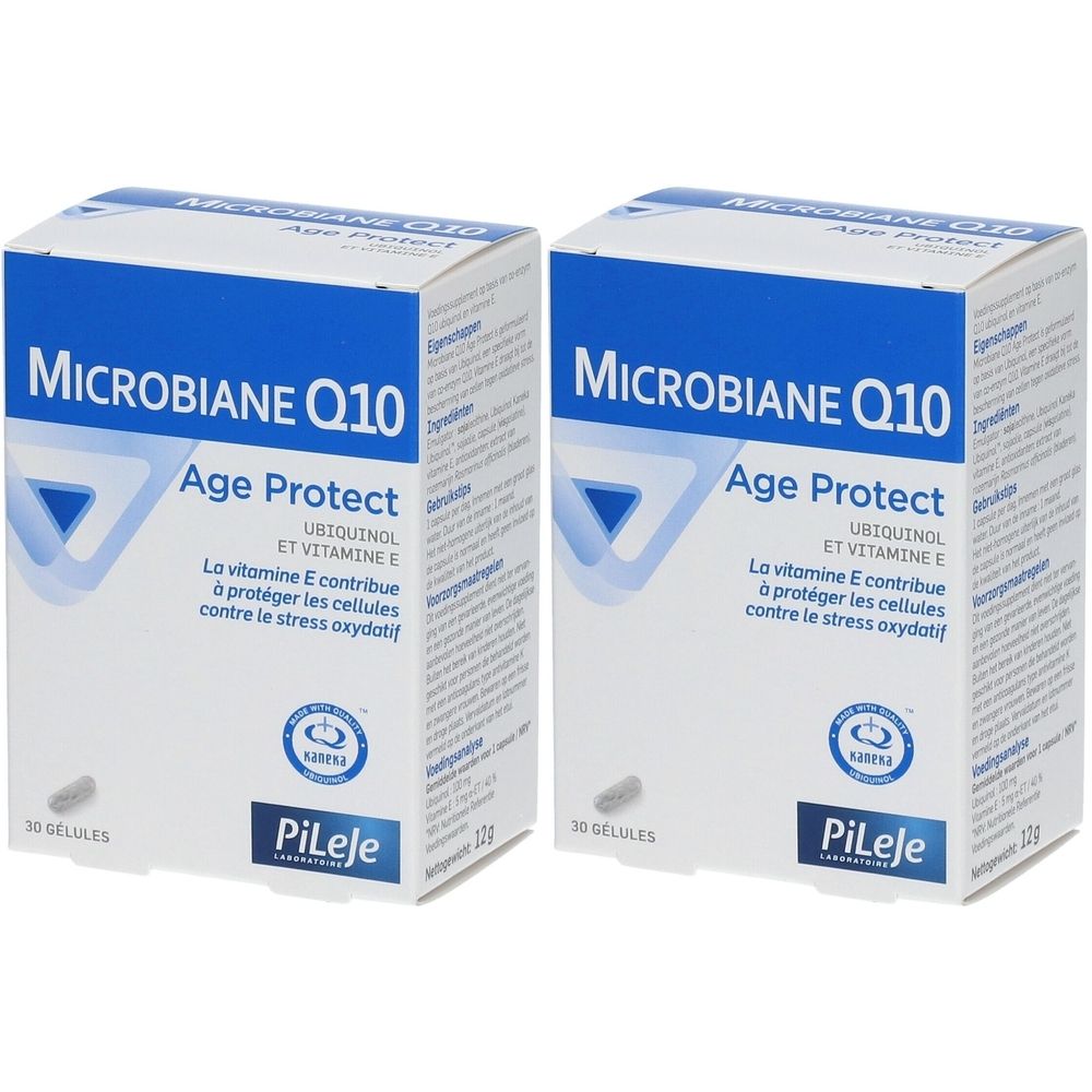 Deux boîtes de Microbiane Q10 Age Protect, 30 gélules chacune. Contient de l'ubiquinol et de la vitamine E.