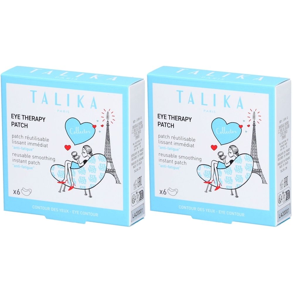 Twee lichtblauwe dozen met "TALIKA EYE THERAPY PATCH". Illustraties: Eiffeltoren, hart, vrouw. Bevat 6 patches.