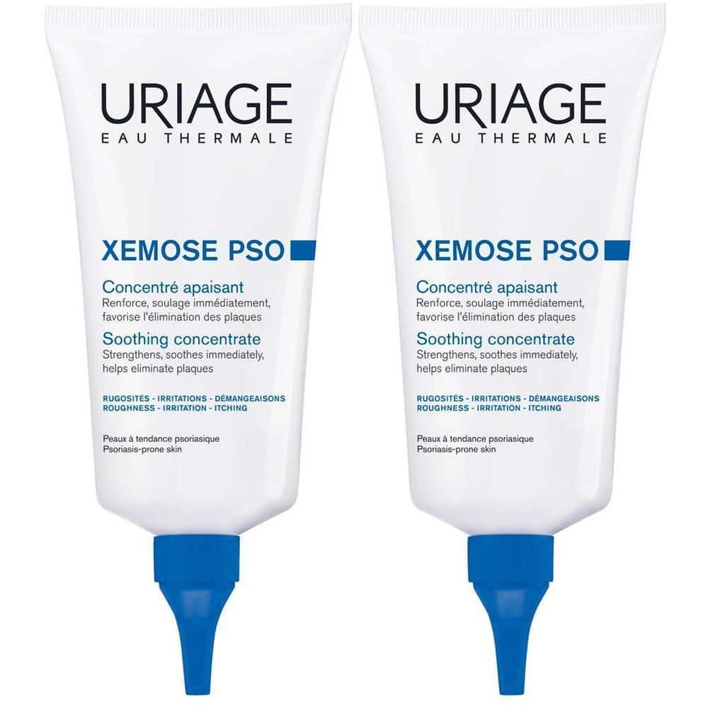 Deux tubes de concentré apaisant Uriage Xémose PSO. Tubes blancs, bouchons bleus.