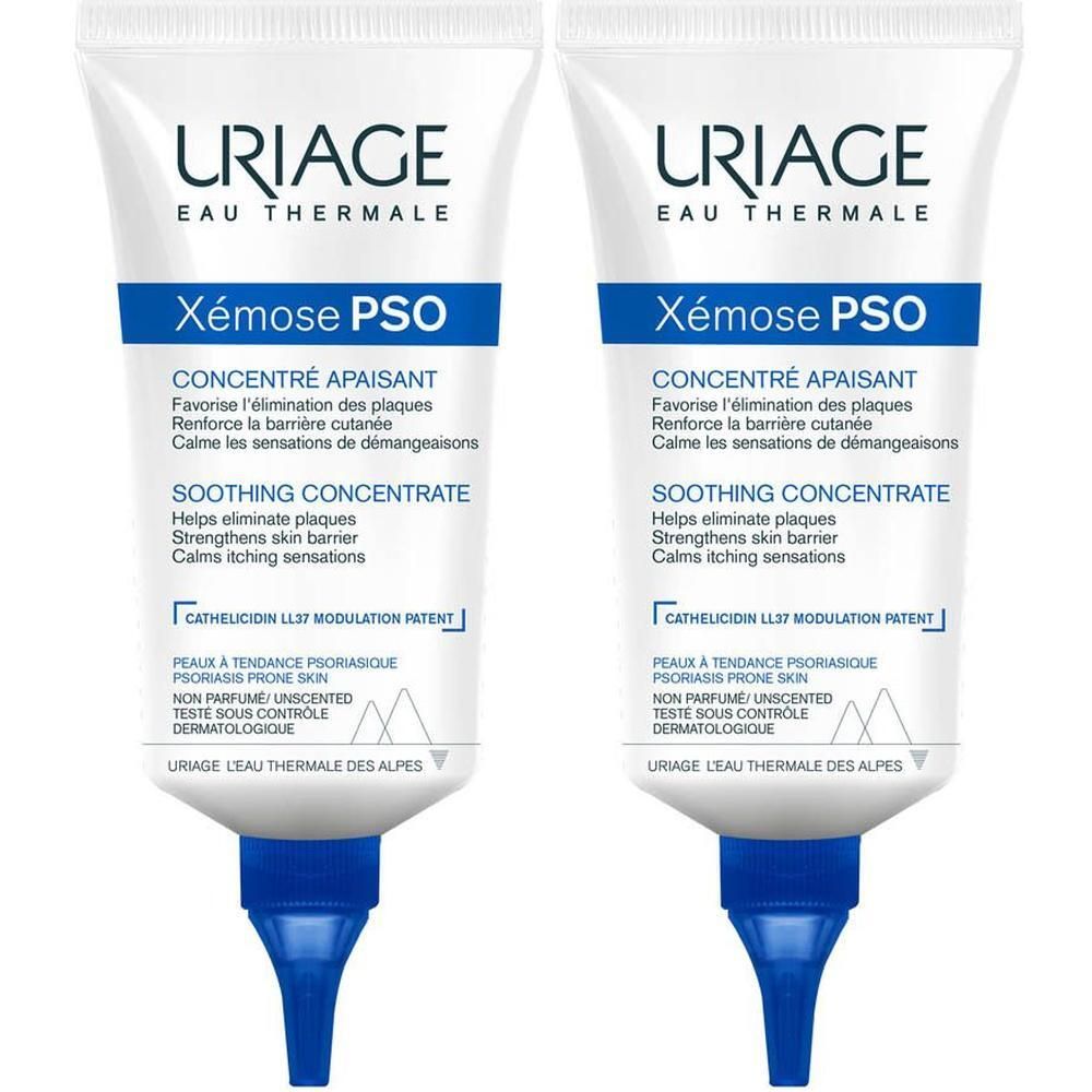 Twee tubes Uriage Xémose PSO concentraat. Witte tubes met blauwe doppen.