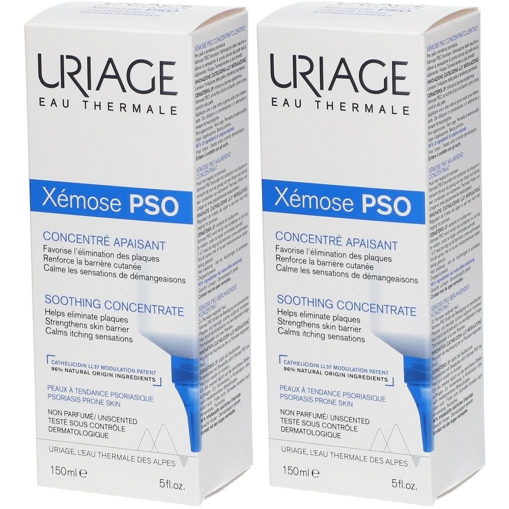 Deux boîtes de concentré apaisant Uriage Xémose PSO. Emballage blanc et bleu avec informations.