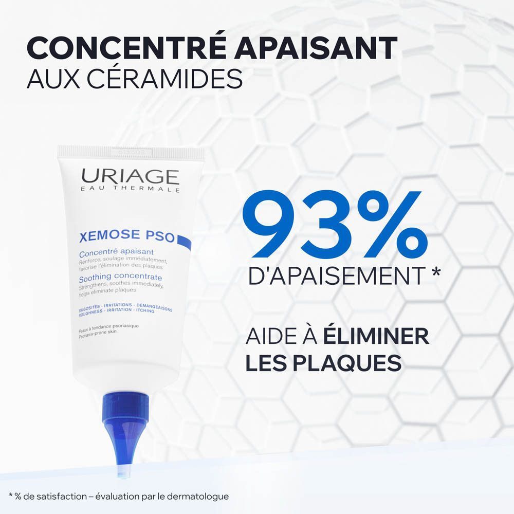 Tube Uriage Xémose PSO. Texte : Concentré, 93% d'apaisement. Fond : motif en nid d'abeille blanc.