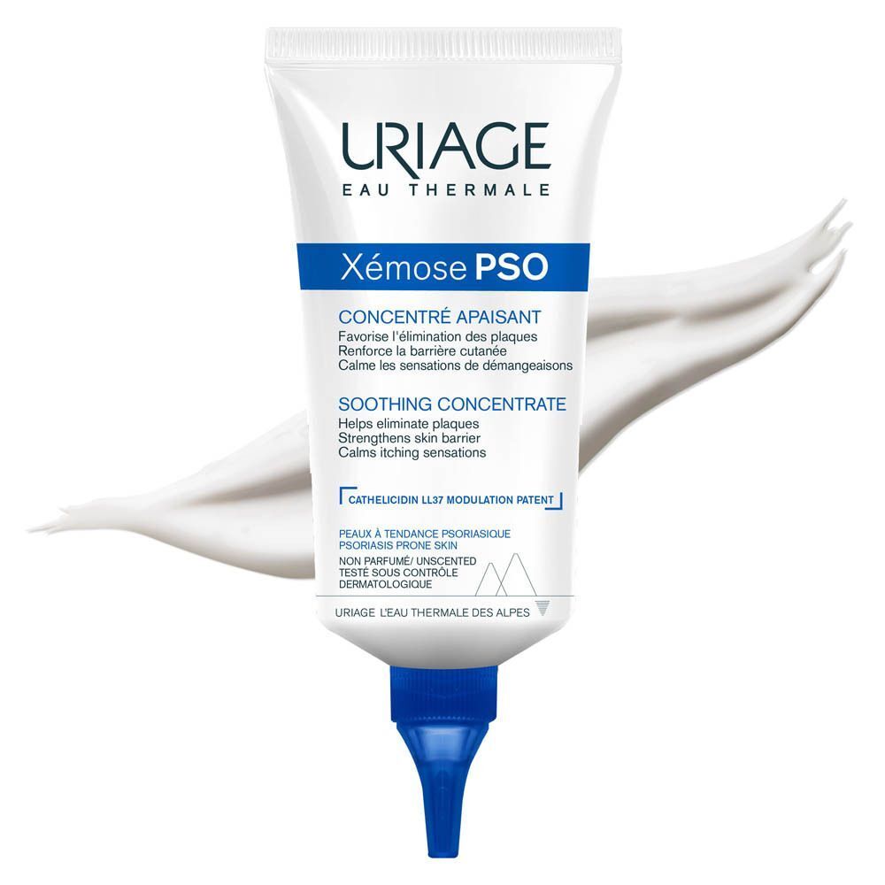 Tube Uriage Xémose PSO. Tekst: Concentraat, 93% kalmering. Achtergrond: wit honingraatpatroon.