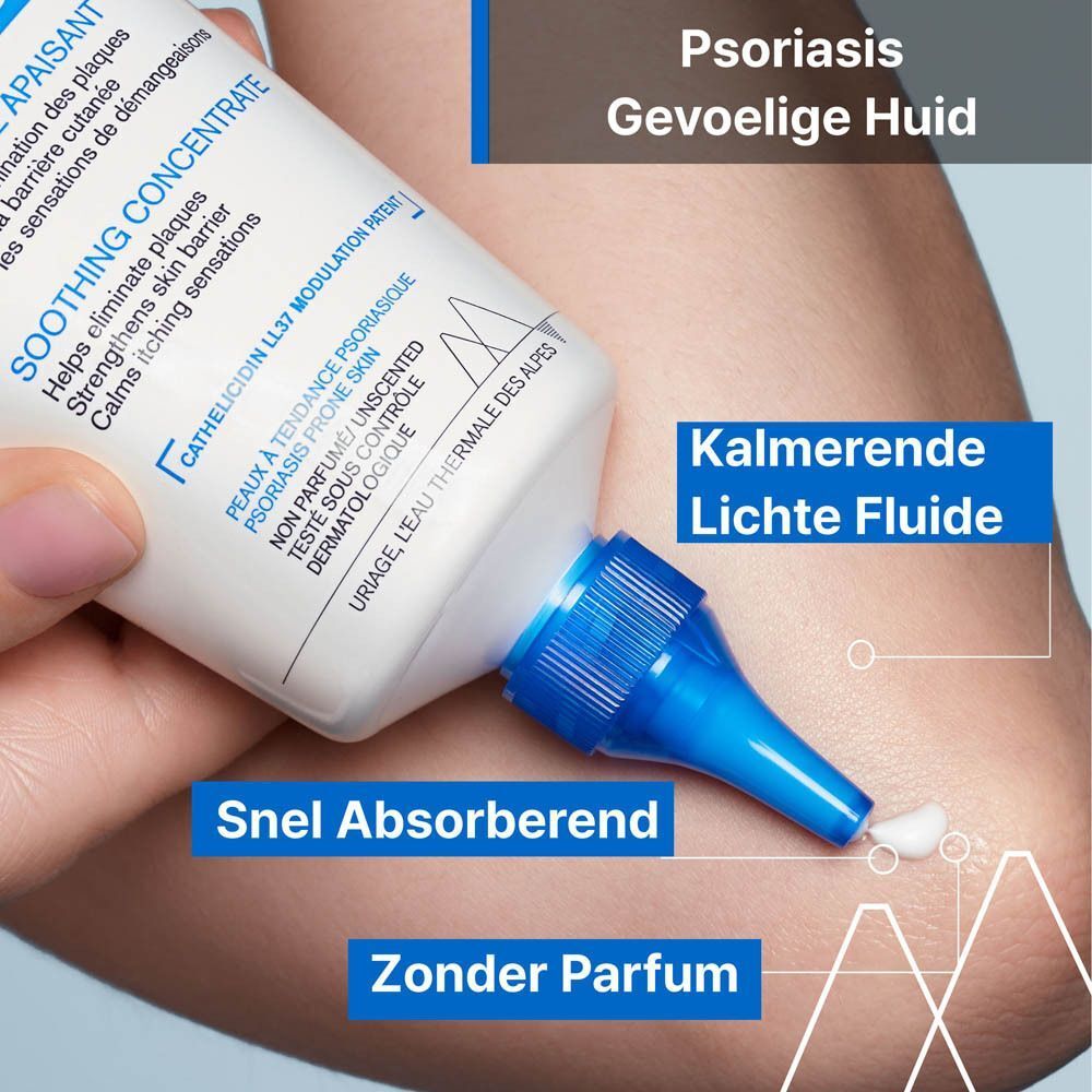 Tube Uriage Xémose PSO. Tekst: Concentraat, 93% kalmering. Achtergrond: wit honingraatpatroon.