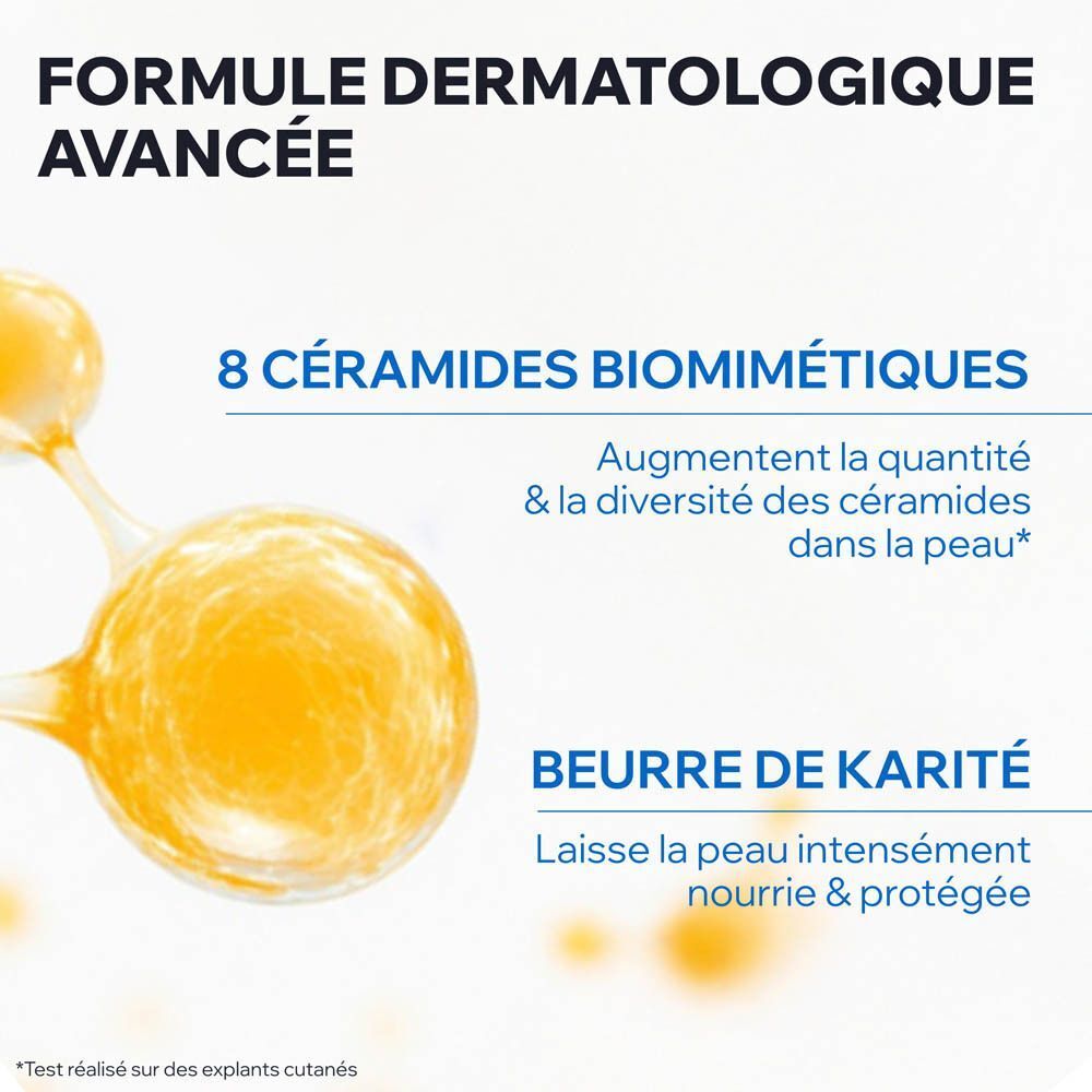 Informations sur le produit. Texte : 8 céramides biomimétiques, beurre de karité. Graphiques jaunes et blancs.