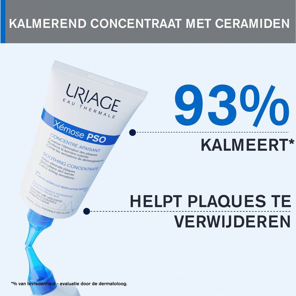 Productapplicatie op de huid. Tube met blauwe dop. Tekst: Lichte, kalmerende vloeistof.