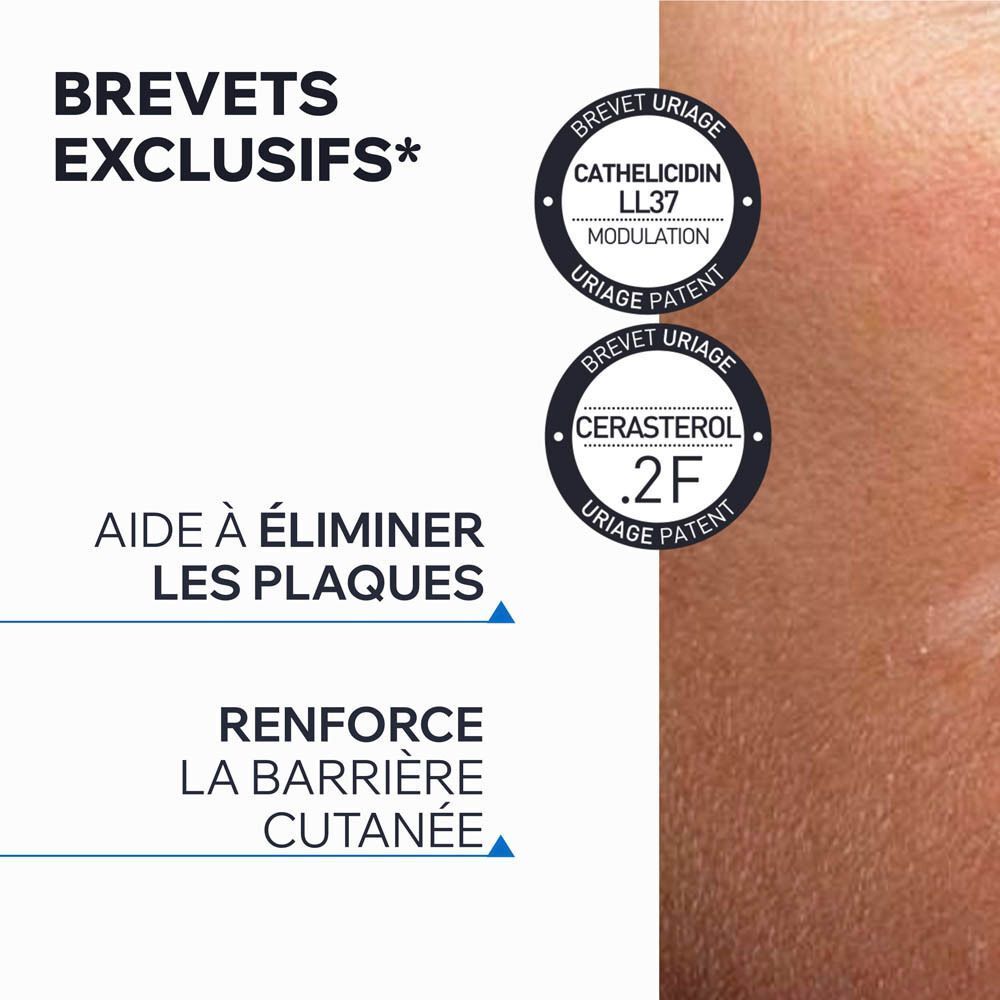 Deux brevets. Texte : Aide à éliminer les plaques, renforce la barrière cutanée. Logos ronds.