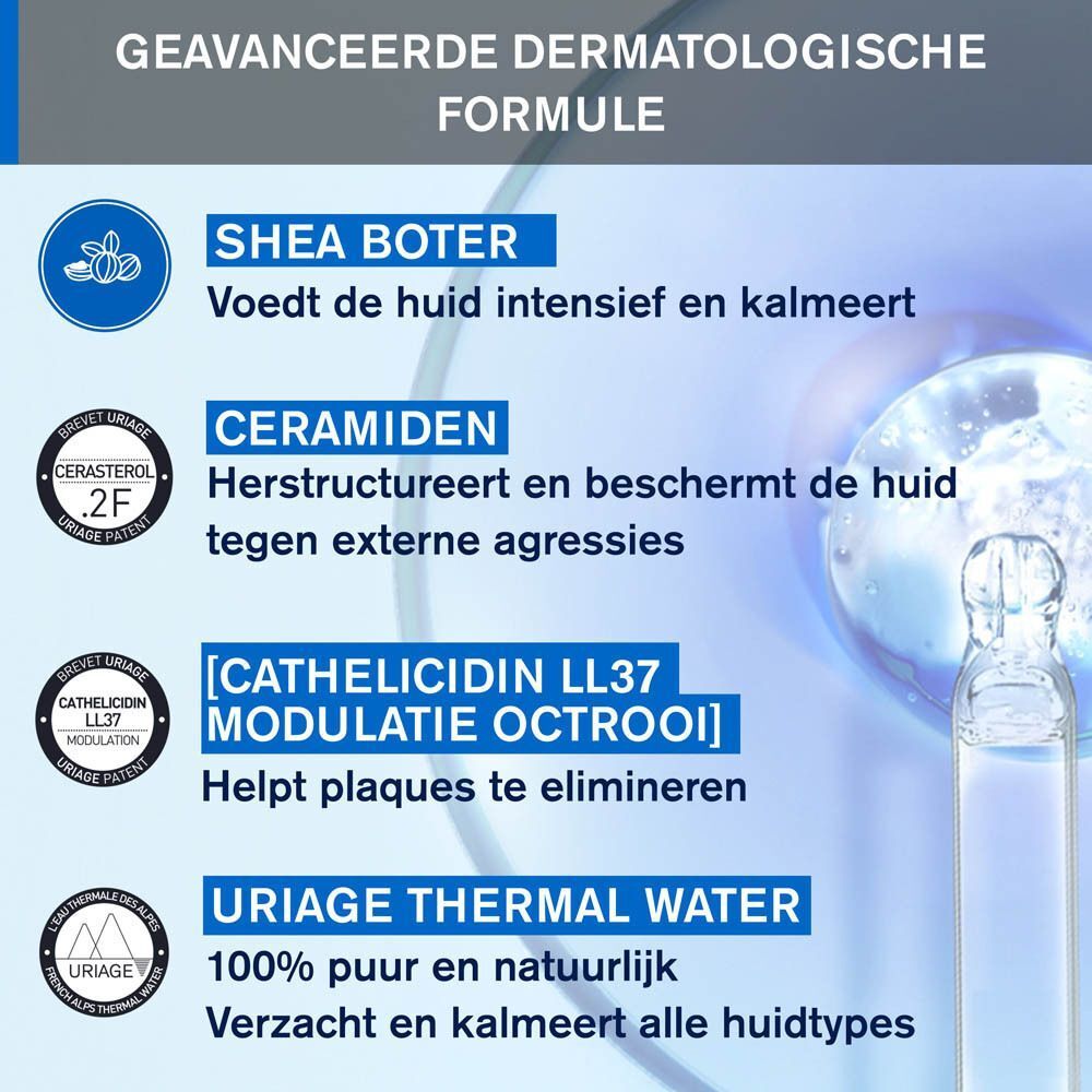 Productinformatie. Tekst: 8 biomimetische ceramiden, sheaboter. Gele en witte graphics.