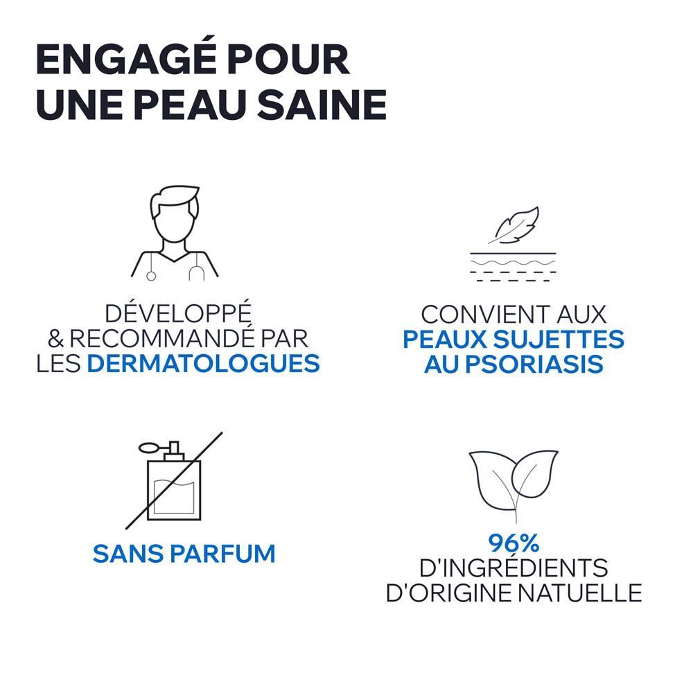 Graphiques. Texte : Recommandé par les dermatologues, sans parfum, 96% ingrédients naturels. Icônes.