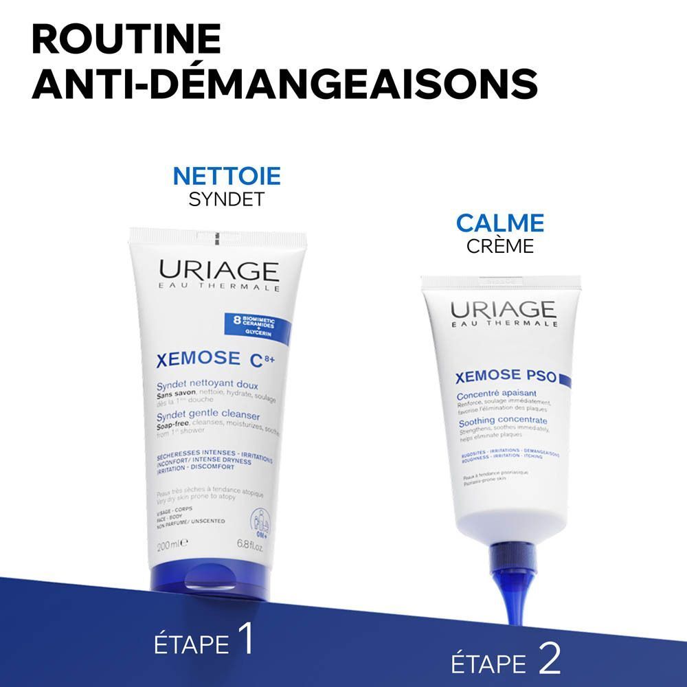 Routine produit. Uriage Syndet et concentré Xémose PSO. Texte : Nettoie, apaise.