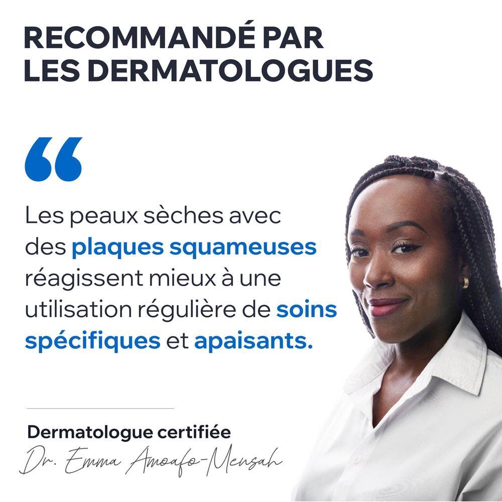 Femme avec peau. Texte : Dermatologue certifié. Recommandation pour peaux sèches squameuses.