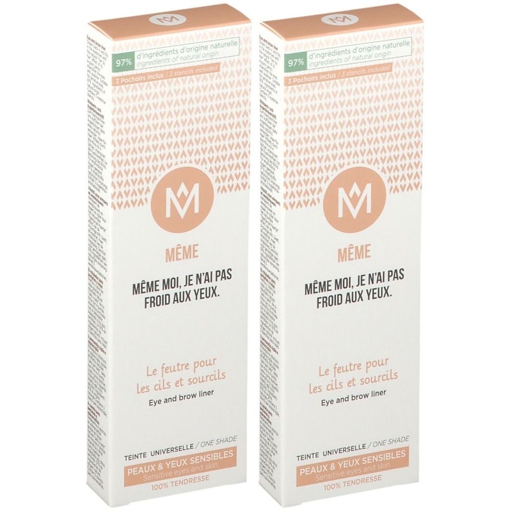 Twee identieke dozen. Opschrift MÊME, Le feutre pour les cils et sourcils. Voor gevoelige huid en ogen.