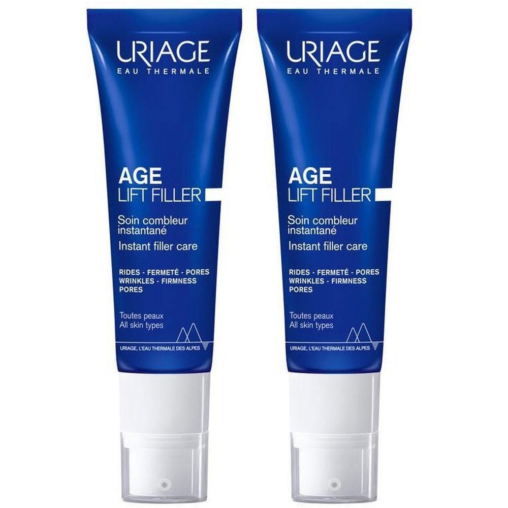 Twee blauwe tubes met witte dop. Opschrift: Uriage, Age Lift Filler, Instant filler care.