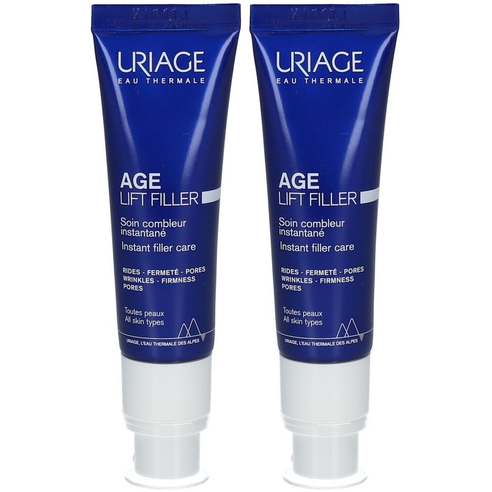 Deux tubes bleus avec bouchon blanc. Inscription: Uriage, Age Lift Filler, Instant filler care.