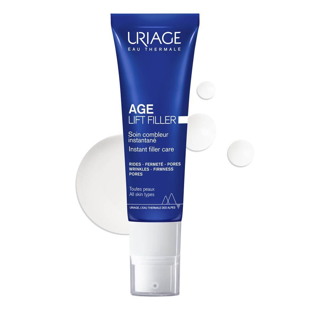 Een blauwe tube met witte dop. Opschrift: Uriage, Age Lift Filler, Instant filler care. Witte druppels.